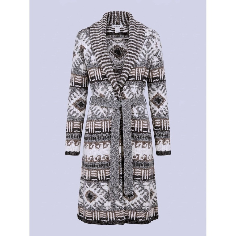 Nine West Womens Wool Mohair Blend Fair Isle Long Belted Boho Western Sweater S